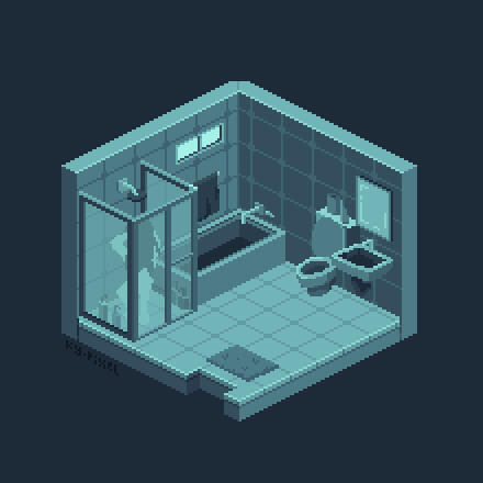 An isometric bathroom with a woman taking a shower in the corner of the room