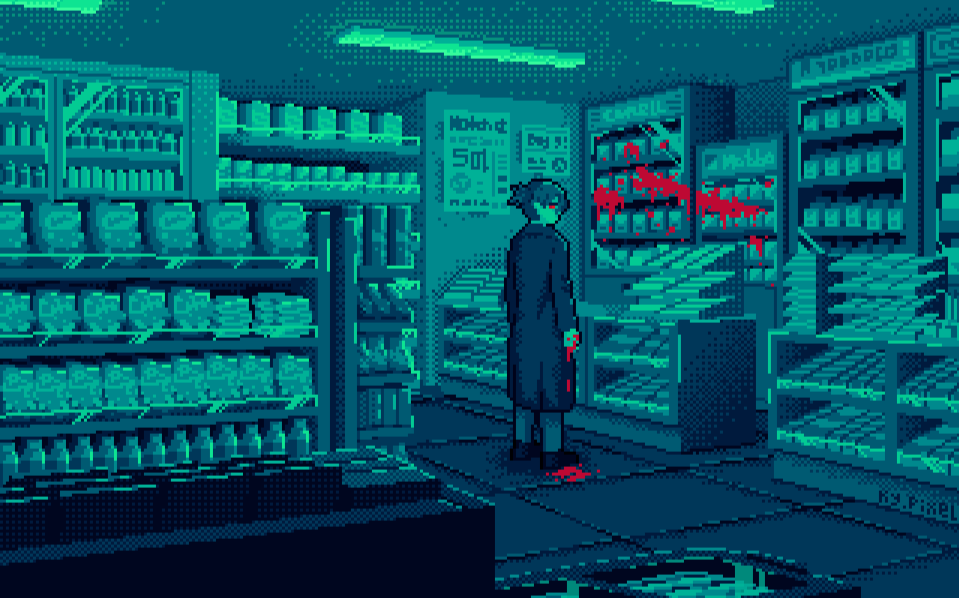 Wanted to make something eerie so I made a woman staring back at a supposed witness while there were blood every where on the counter in a gas station.