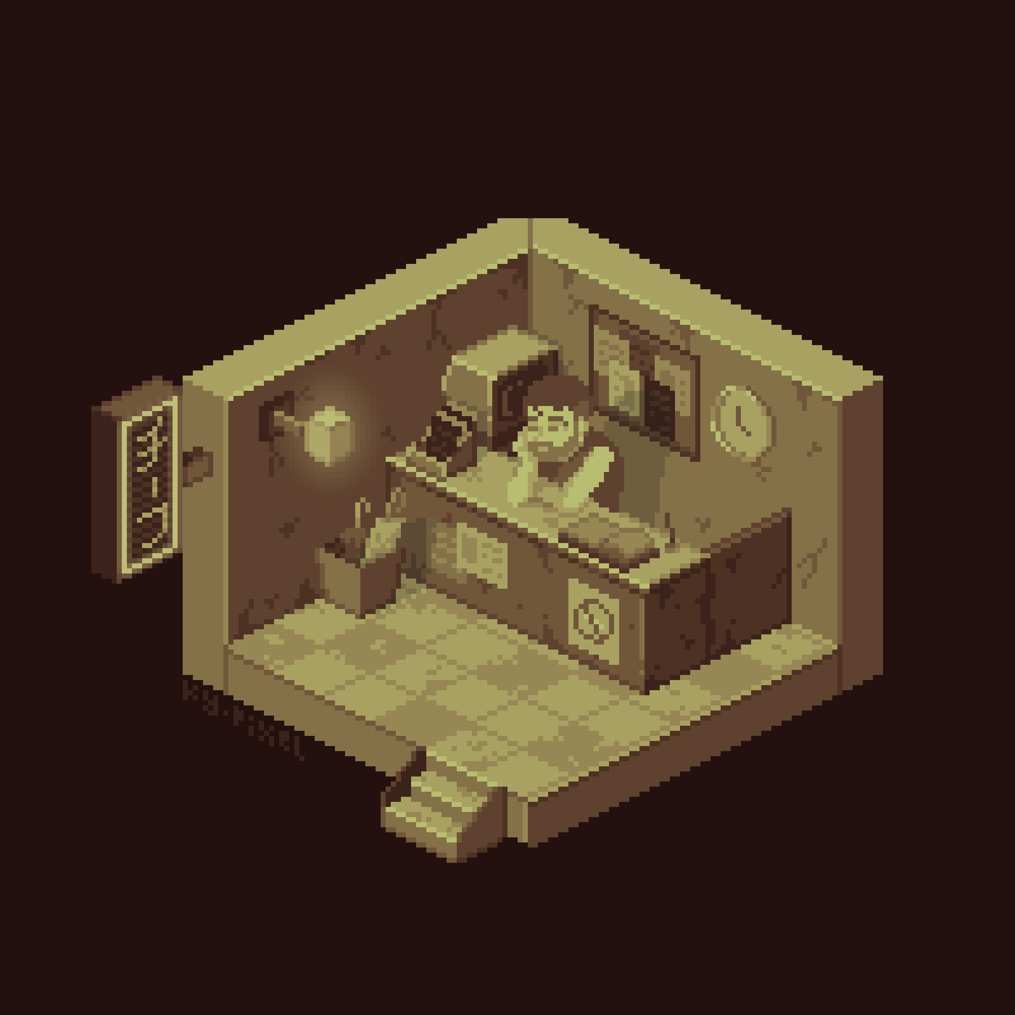 A reception of a run down motel with the staff slouching on the counter in isometric pixel art