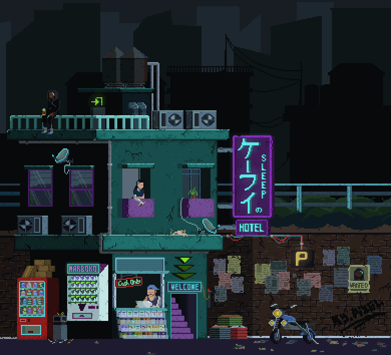 Made a somewhat urban cyberpunk scene of a motel.