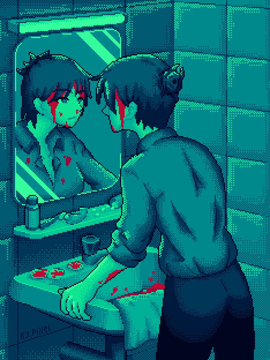 From the same narrative of the ones in the gas station. The same woman is staring into the mirror while drenched in blood. Probably got into a fight with someone...or something...